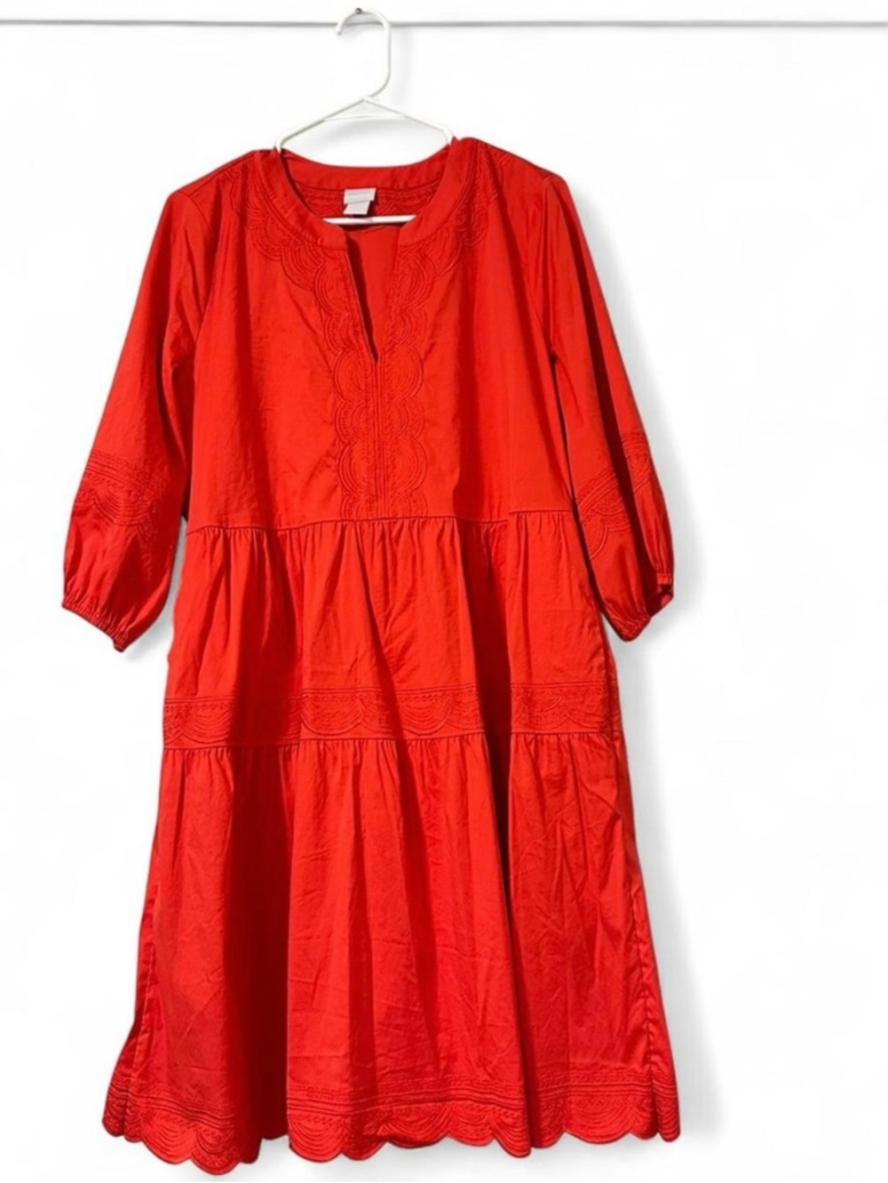 Chico's Bright Red Embroidered Tiered Women’s Dress. Size L, US8-10.